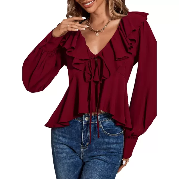 LYANER Women's Solid Deep V Neck Long Sleeve Crop Top Tie Front Chiffon Ruffle Hem Blouse Shirt