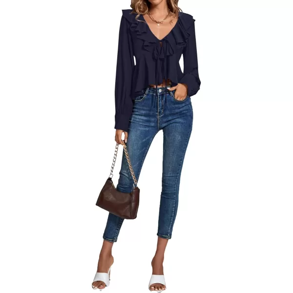 LYANER Women's Solid Deep V Neck Long Sleeve Crop Top Tie Front Chiffon Ruffle Hem Blouse Shirt