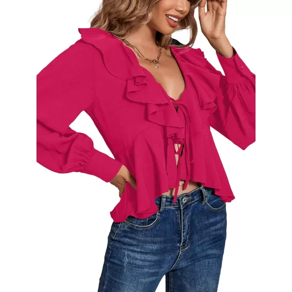 LYANER Women's Solid Deep V Neck Long Sleeve Crop Top Tie Front Chiffon Ruffle Hem Blouse Shirt