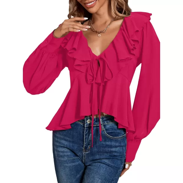 LYANER Women's Solid Deep V Neck Long Sleeve Crop Top Tie Front Chiffon Ruffle Hem Blouse Shirt