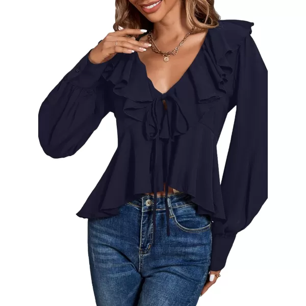 LYANER Women's Solid Deep V Neck Long Sleeve Crop Top Tie Front Chiffon Ruffle Hem Blouse Shirt