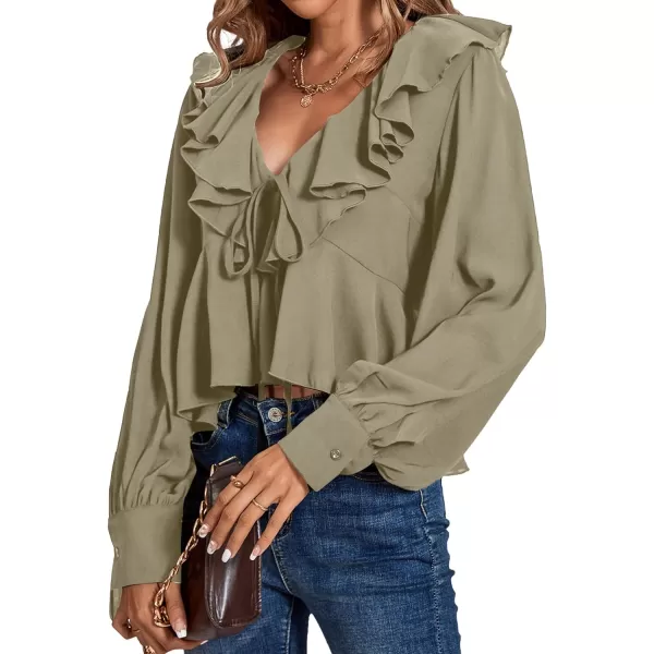 LYANER Women's Solid Deep V Neck Long Sleeve Crop Top Tie Front Chiffon Ruffle Hem Blouse Shirt