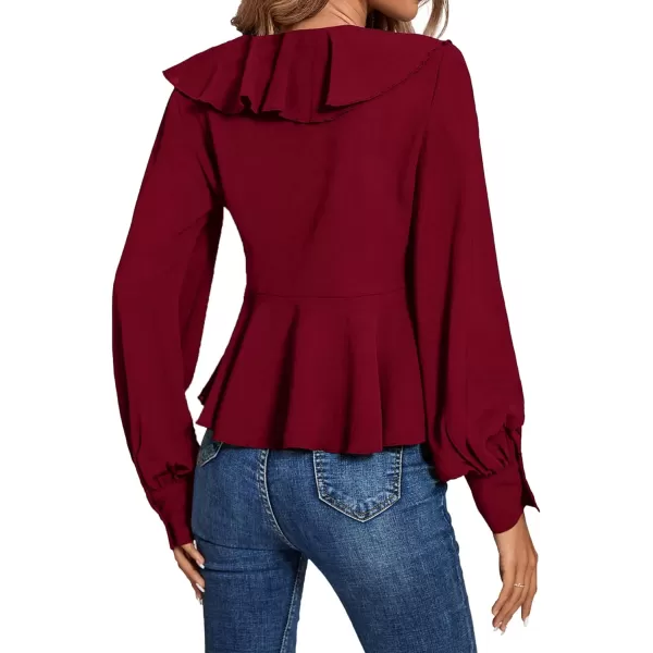 LYANER Women's Solid Deep V Neck Long Sleeve Crop Top Tie Front Chiffon Ruffle Hem Blouse Shirt