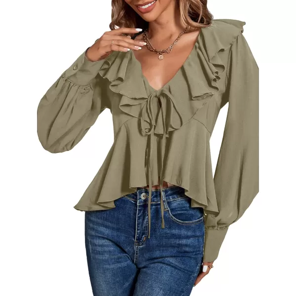 LYANER Women's Solid Deep V Neck Long Sleeve Crop Top Tie Front Chiffon Ruffle Hem Blouse Shirt