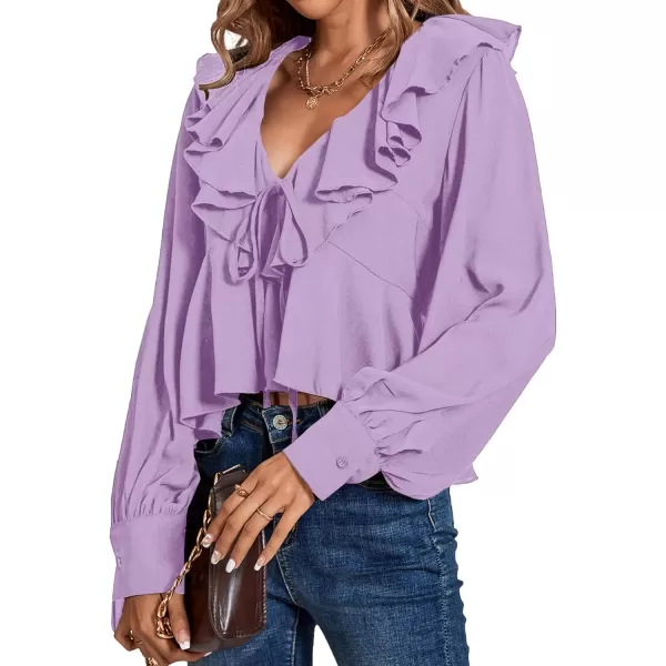 LYANER Women's Solid Deep V Neck Long Sleeve Crop Top Tie Front Chiffon Ruffle Hem Blouse Shirt