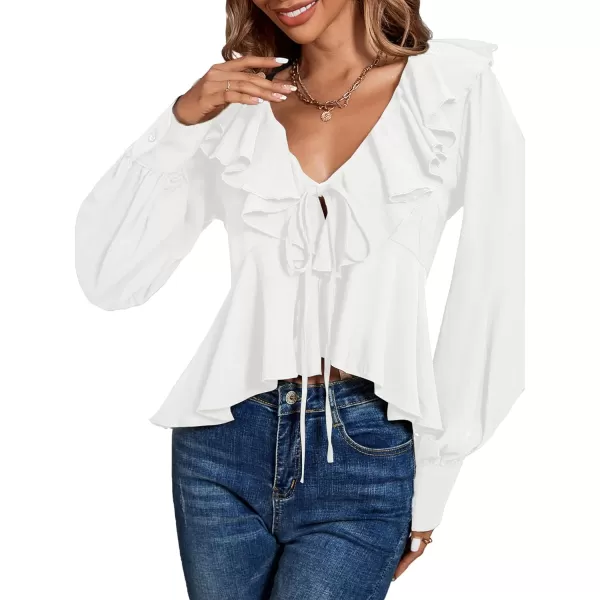 LYANER Women's Solid Deep V Neck Long Sleeve Crop Top Tie Front Chiffon Ruffle Hem Blouse Shirt