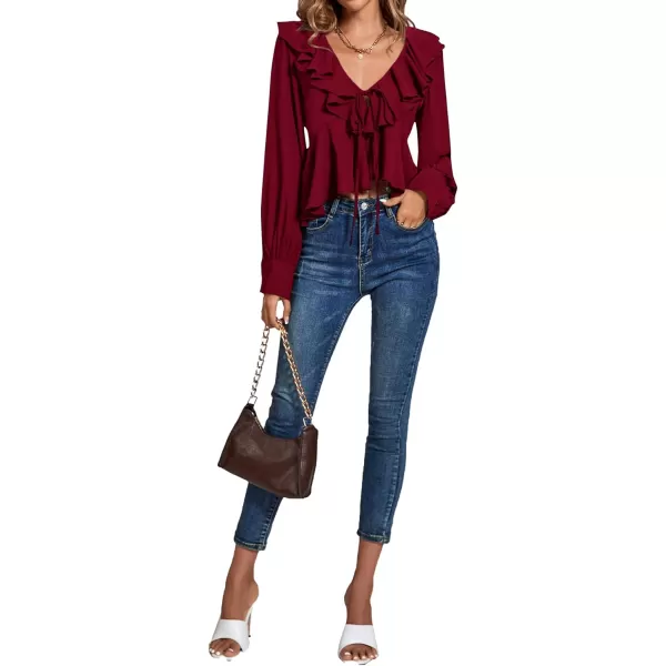 LYANER Women's Solid Deep V Neck Long Sleeve Crop Top Tie Front Chiffon Ruffle Hem Blouse Shirt