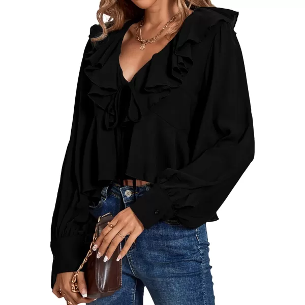 LYANER Women's Solid Deep V Neck Long Sleeve Crop Top Tie Front Chiffon Ruffle Hem Blouse Shirt
