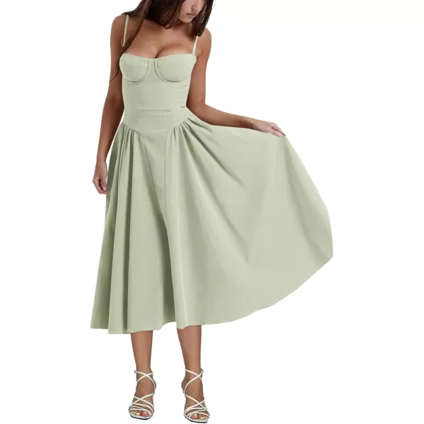 LYANER Women's Spaghetti Strap Pleated Sleeveless Corset Midi Dress with Pocket