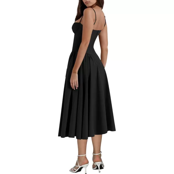 LYANER Women's Spaghetti Strap Pleated Sleeveless Corset Midi Dress with Pocket