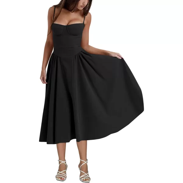 LYANER Women's Spaghetti Strap Pleated Sleeveless Corset Midi Dress with Pocket