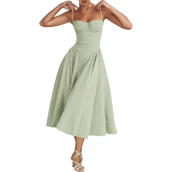 LYANER Women's Spaghetti Strap Pleated Sleeveless Corset Midi Dress with Pocket