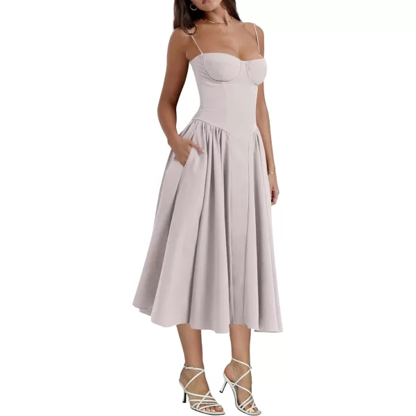 LYANER Women's Spaghetti Strap Pleated Sleeveless Corset Midi Dress with Pocket