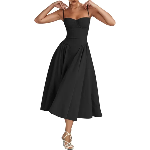 LYANER Women's Spaghetti Strap Pleated Sleeveless Corset Midi Dress with Pocket