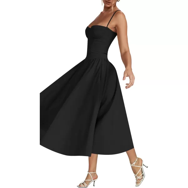 LYANER Women's Spaghetti Strap Pleated Sleeveless Corset Midi Dress with Pocket