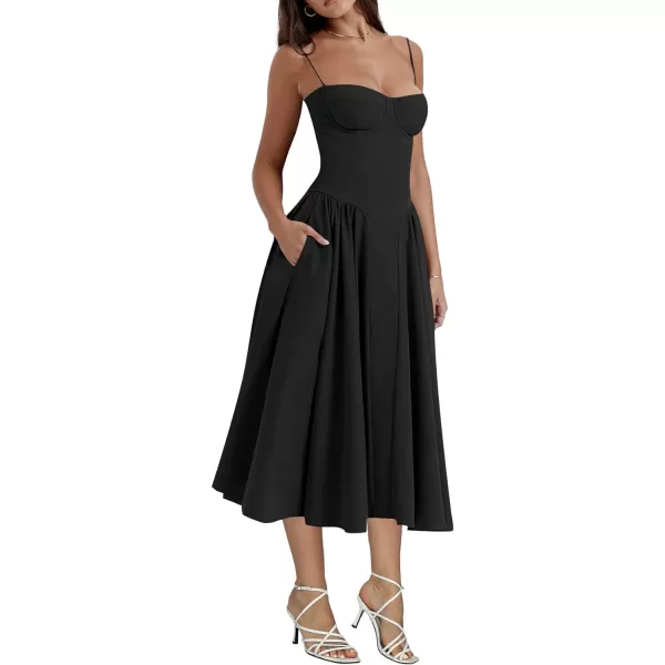 LYANER Women's Spaghetti Strap Pleated Sleeveless Corset Midi Dress with Pocket