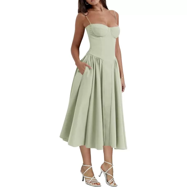 LYANER Women's Spaghetti Strap Pleated Sleeveless Corset Midi Dress with Pocket