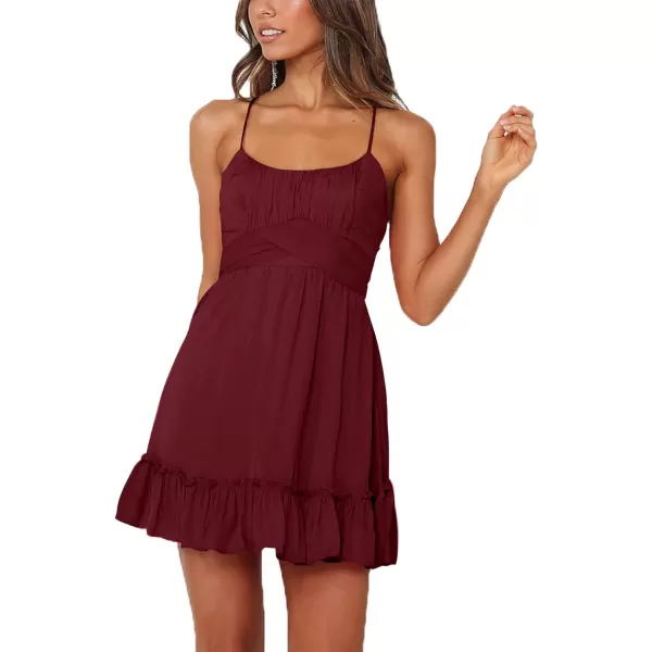 LYANER Women's Spaghetti Strap Scoop Neck Sleeveless Ruched Flared A Line Mini Dress
