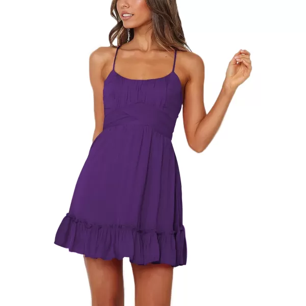 LYANER Women's Spaghetti Strap Scoop Neck Sleeveless Ruched Flared A Line Mini Dress