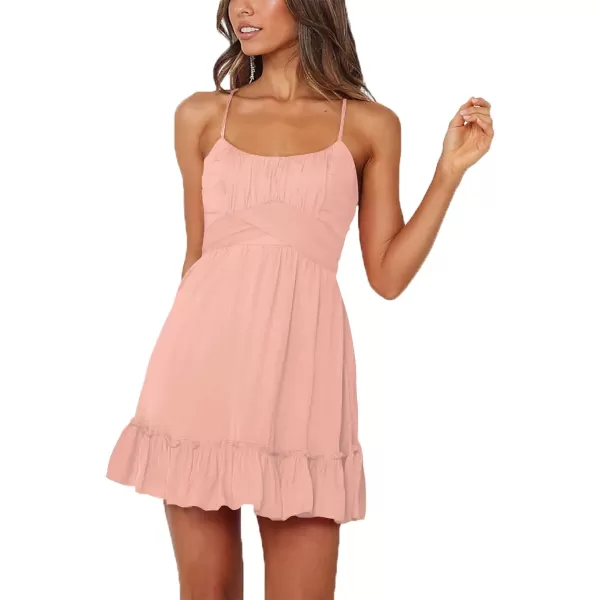 LYANER Women's Spaghetti Strap Scoop Neck Sleeveless Ruched Flared A Line Mini Dress