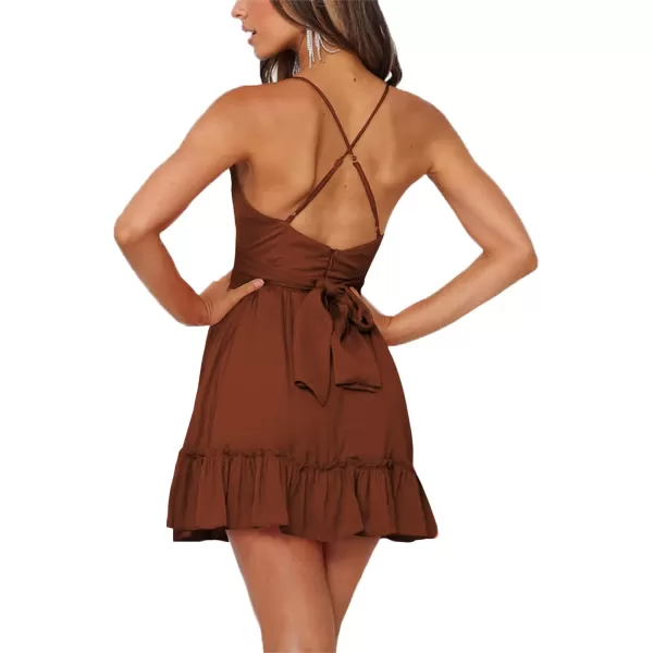LYANER Women's Spaghetti Strap Scoop Neck Sleeveless Ruched Flared A Line Mini Dress