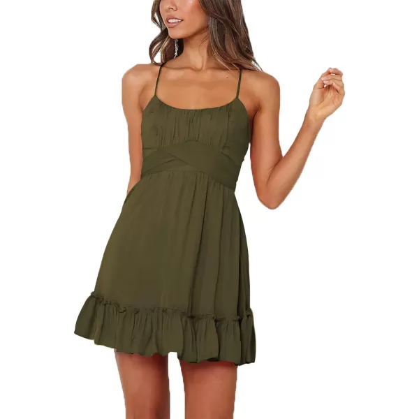 LYANER Women's Spaghetti Strap Scoop Neck Sleeveless Ruched Flared A Line Mini Dress