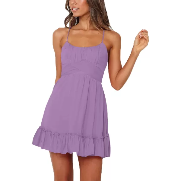 LYANER Women's Spaghetti Strap Scoop Neck Sleeveless Ruched Flared A Line Mini Dress