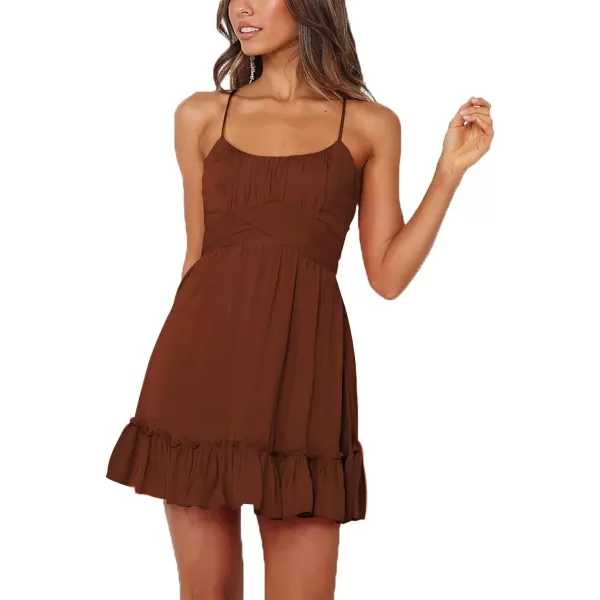 LYANER Women's Spaghetti Strap Scoop Neck Sleeveless Ruched Flared A Line Mini Dress