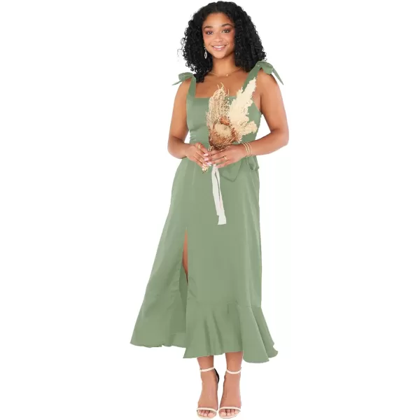 LYANER Women's Spaghetti Strap Square Neck Sleeveless High Waist Split Ruffle Hem Midi Dress