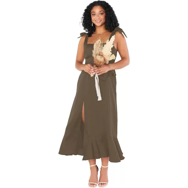 LYANER Women's Spaghetti Strap Square Neck Sleeveless High Waist Split Ruffle Hem Midi Dress