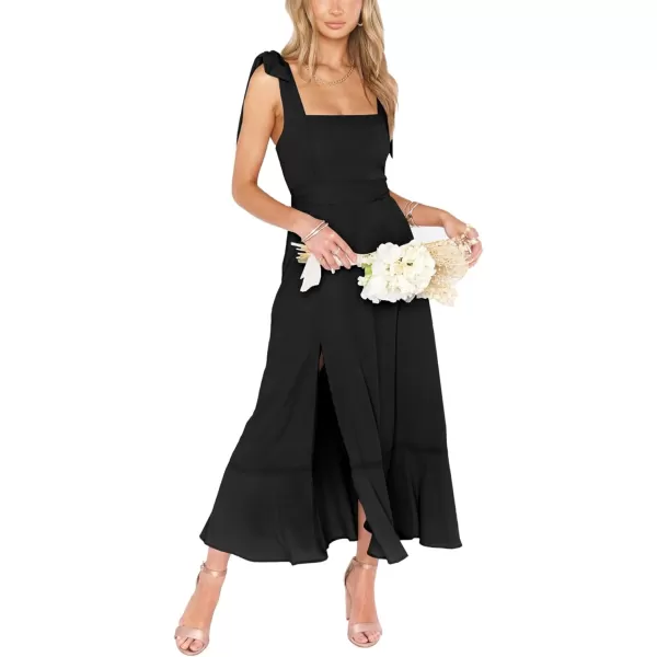 LYANER Women's Spaghetti Strap Square Neck Sleeveless High Waist Split Ruffle Hem Midi Dress