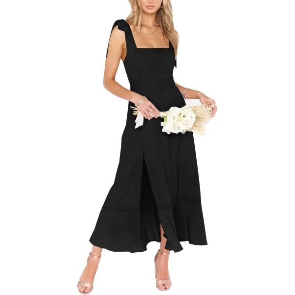 LYANER Women's Spaghetti Strap Square Neck Sleeveless High Waist Split Ruffle Hem Midi Dress
