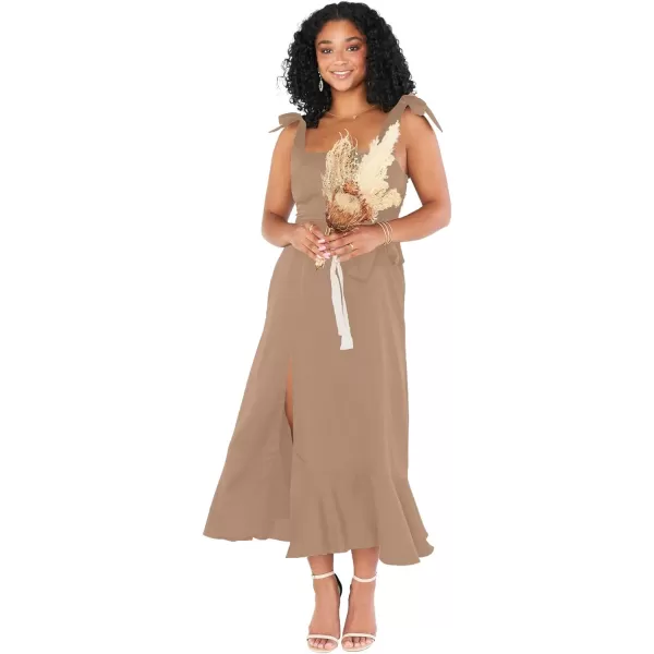 LYANER Women's Spaghetti Strap Square Neck Sleeveless High Waist Split Ruffle Hem Midi Dress