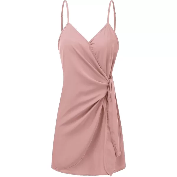 LYANER Women's Spaghetti Strap V Neck Wrap Self Tie Backless Sexy Mini Dress