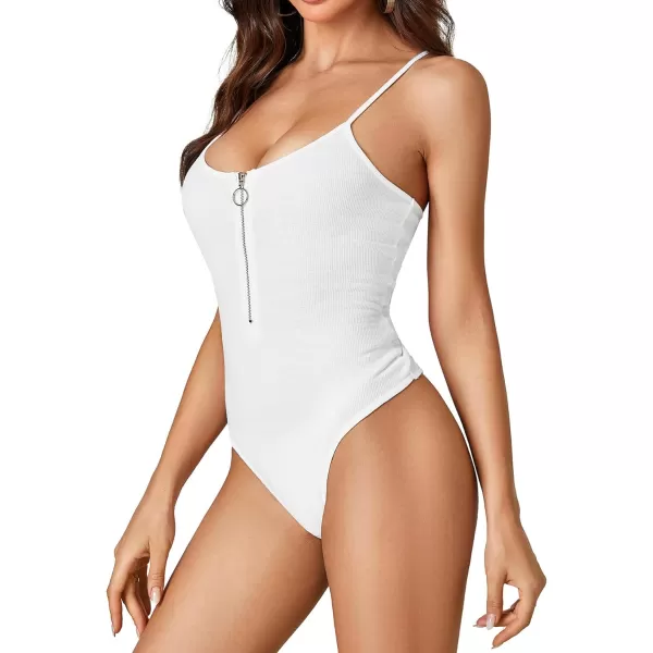 LYANER Women's Spaghetti Strap Zipper Front Sleeveless Ribbed Bodycon Tops Bodysuit Jumpsuit
