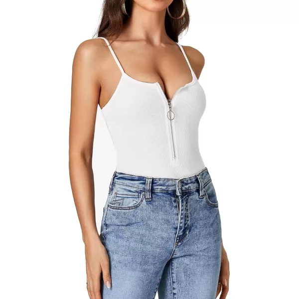 LYANER Women's Spaghetti Strap Zipper Front Sleeveless Ribbed Bodycon Tops Bodysuit Jumpsuit