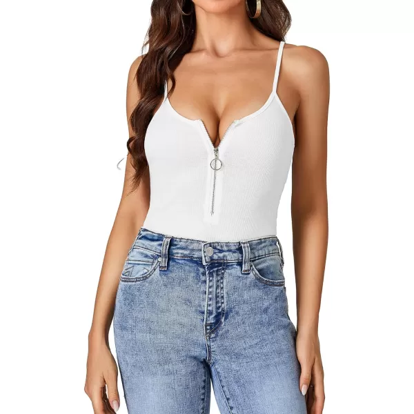 LYANER Women's Spaghetti Strap Zipper Front Sleeveless Ribbed Bodycon Tops Bodysuit Jumpsuit