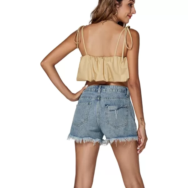 LYANER Women's Spaghtti Straps Self Tie Knot Shoulder Elastic Waist Sleeveless Crop Cami Top