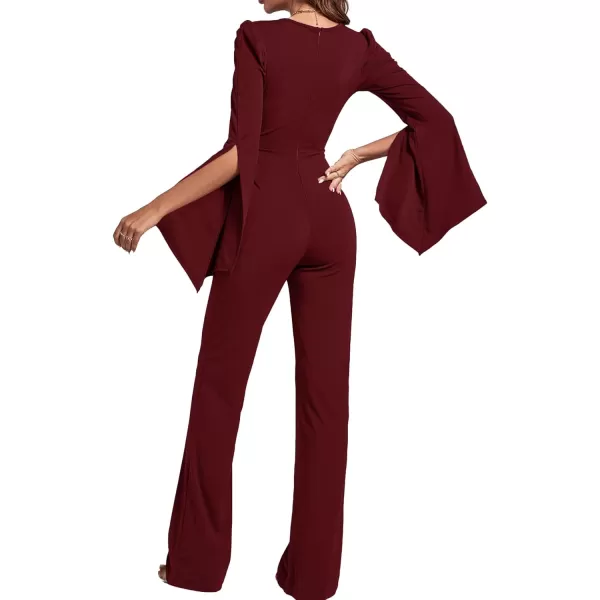 LYANER Women's Split Long Sleeve Wrap Deep V Neck Tie Waist Jumpsuit Long Pants Romper