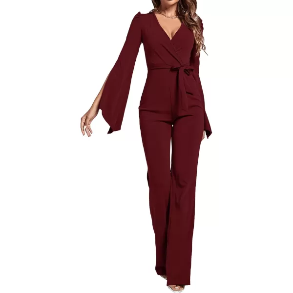 LYANER Women's Split Long Sleeve Wrap Deep V Neck Tie Waist Jumpsuit Long Pants Romper