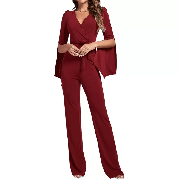 LYANER Women's Split Long Sleeve Wrap Deep V Neck Tie Waist Jumpsuit Long Pants Romper