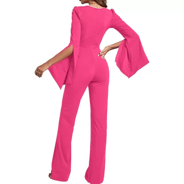 LYANER Women's Split Long Sleeve Wrap Deep V Neck Tie Waist Jumpsuit Long Pants Romper