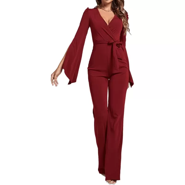 LYANER Women's Split Long Sleeve Wrap Deep V Neck Tie Waist Jumpsuit Long Pants Romper