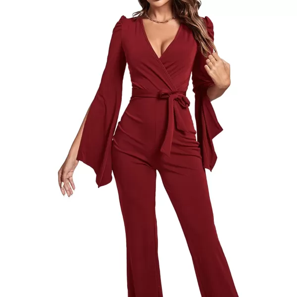 LYANER Women's Split Long Sleeve Wrap Deep V Neck Tie Waist Jumpsuit Long Pants Romper