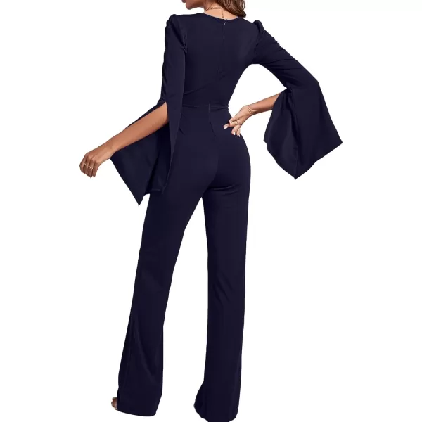 LYANER Women's Split Long Sleeve Wrap Deep V Neck Tie Waist Jumpsuit Long Pants Romper