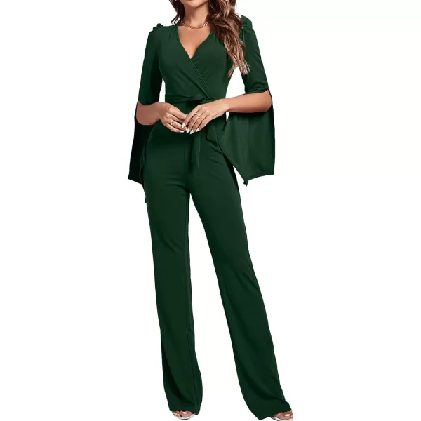 LYANER Women's Split Long Sleeve Wrap Deep V Neck Tie Waist Jumpsuit Long Pants Romper