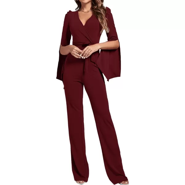 LYANER Women's Split Long Sleeve Wrap Deep V Neck Tie Waist Jumpsuit Long Pants Romper