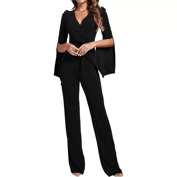 LYANER Women's Split Long Sleeve Wrap Deep V Neck Tie Waist Jumpsuit Long Pants Romper