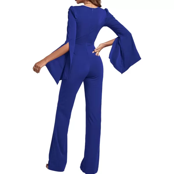 LYANER Women's Split Long Sleeve Wrap Deep V Neck Tie Waist Jumpsuit Long Pants Romper