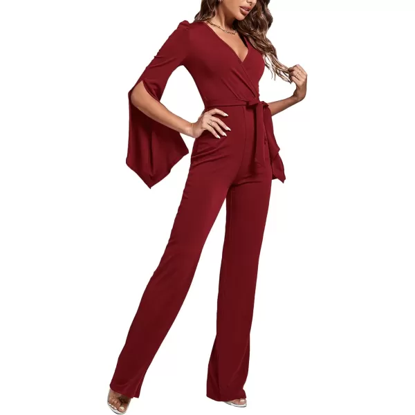 LYANER Women's Split Long Sleeve Wrap Deep V Neck Tie Waist Jumpsuit Long Pants Romper